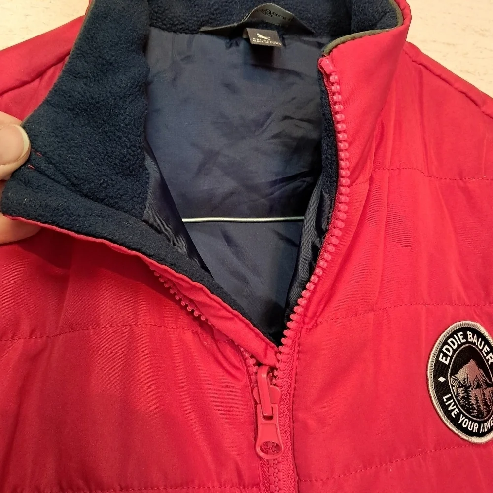 Eddie Bauer Puffer Jacket Kids Small 7/8 Red Full Zip, Retro Logo on Chest